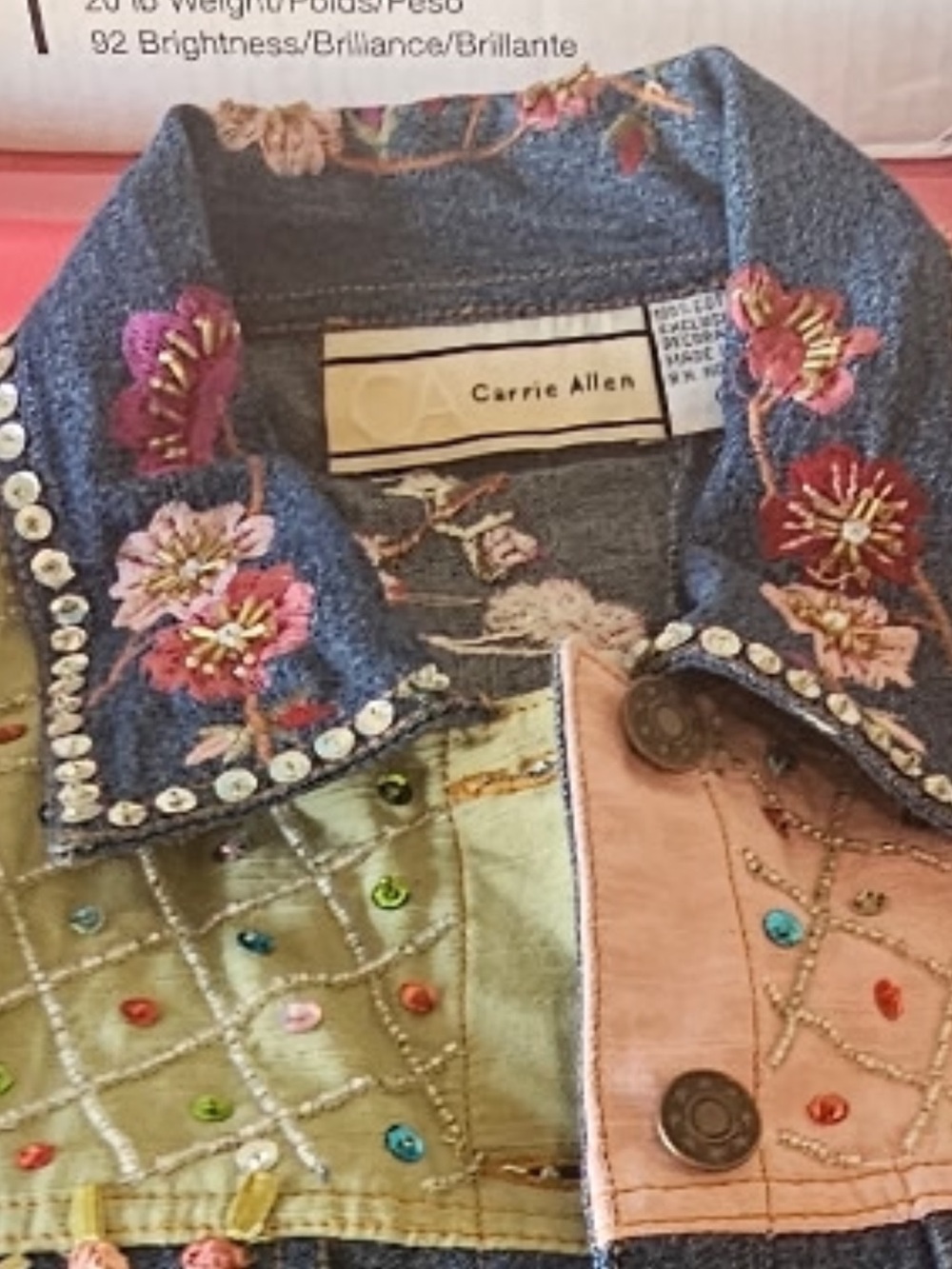 VTG Carrie Allen Patchwork Denim Jacket M Embellished Wearable Art Y2K Boho - Picture 4 of 15
